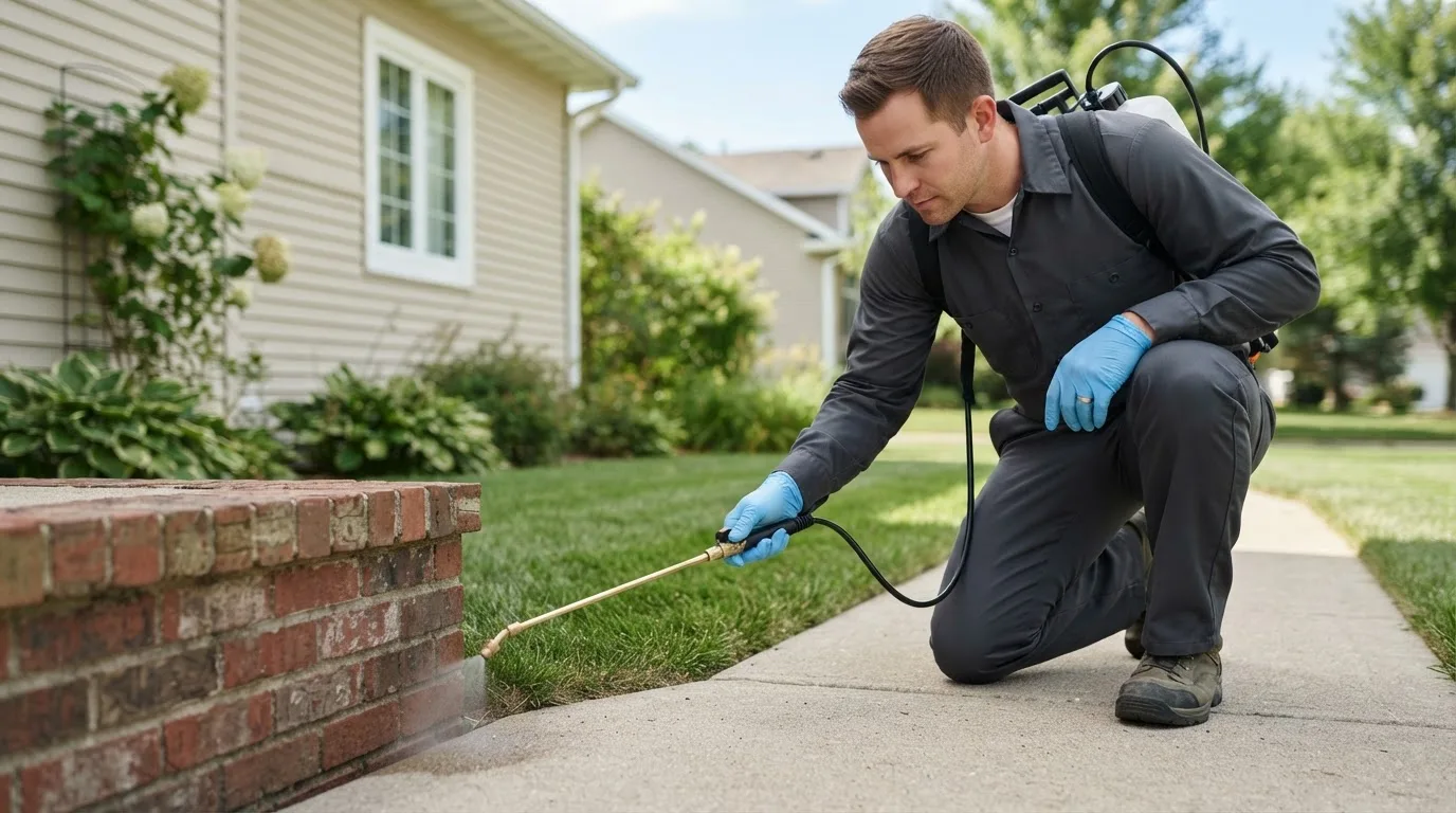 Pest control technician treating a home near Sawyer, ND
