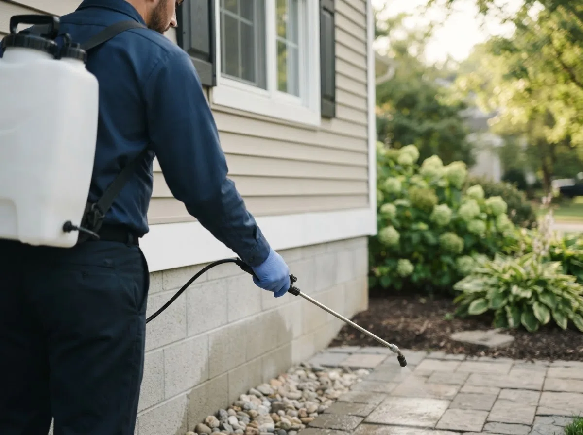 Pest control technician inspecting a home in Sawyer, ND